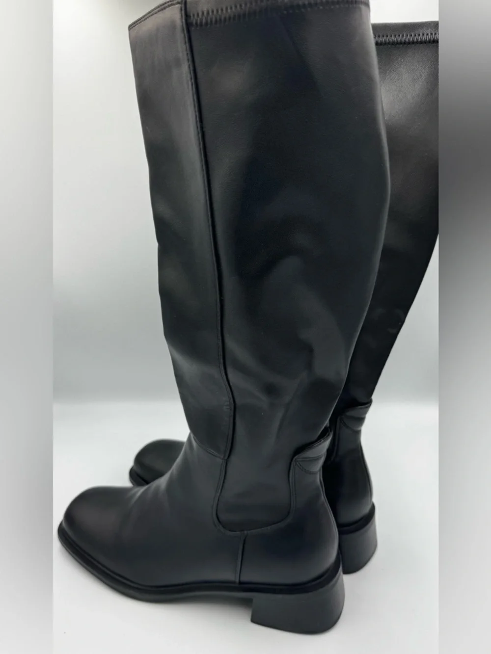 Black Vegan Leather Square Toe Knee High Boots Block Heel Size 10